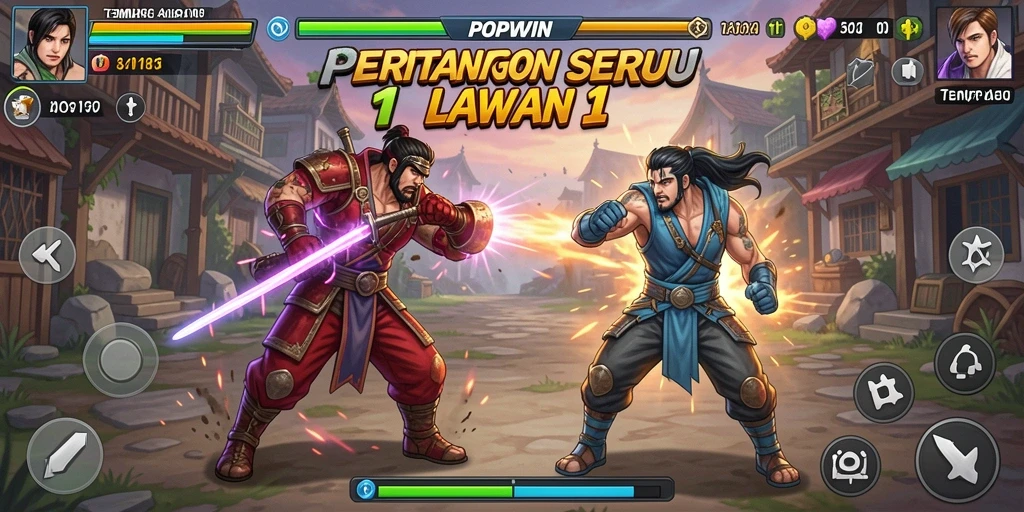 Screenshot antarmuka pertempuran dalam game POPWIN yang seru.